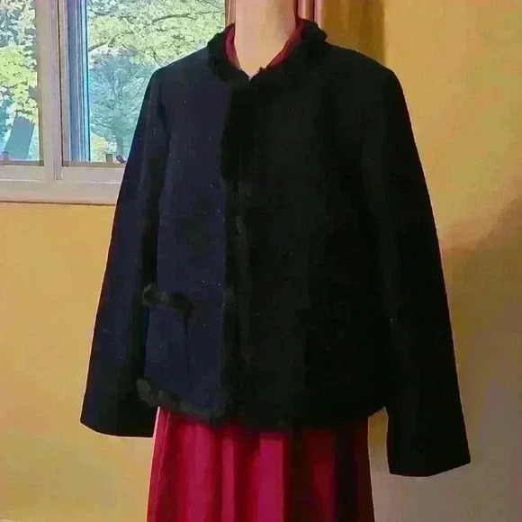 Talbots Navy Blue Wool Knit Blend Black Faux-Fur Trim Shetland Jacket Si… - Picture 3 of 16